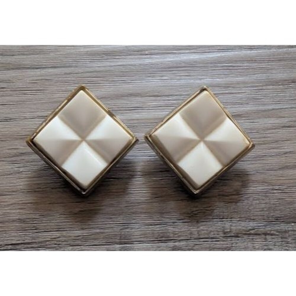 Retro Vintage Estate Chunky Square Frame Ivory Arylic Clip On Grandma Earrings